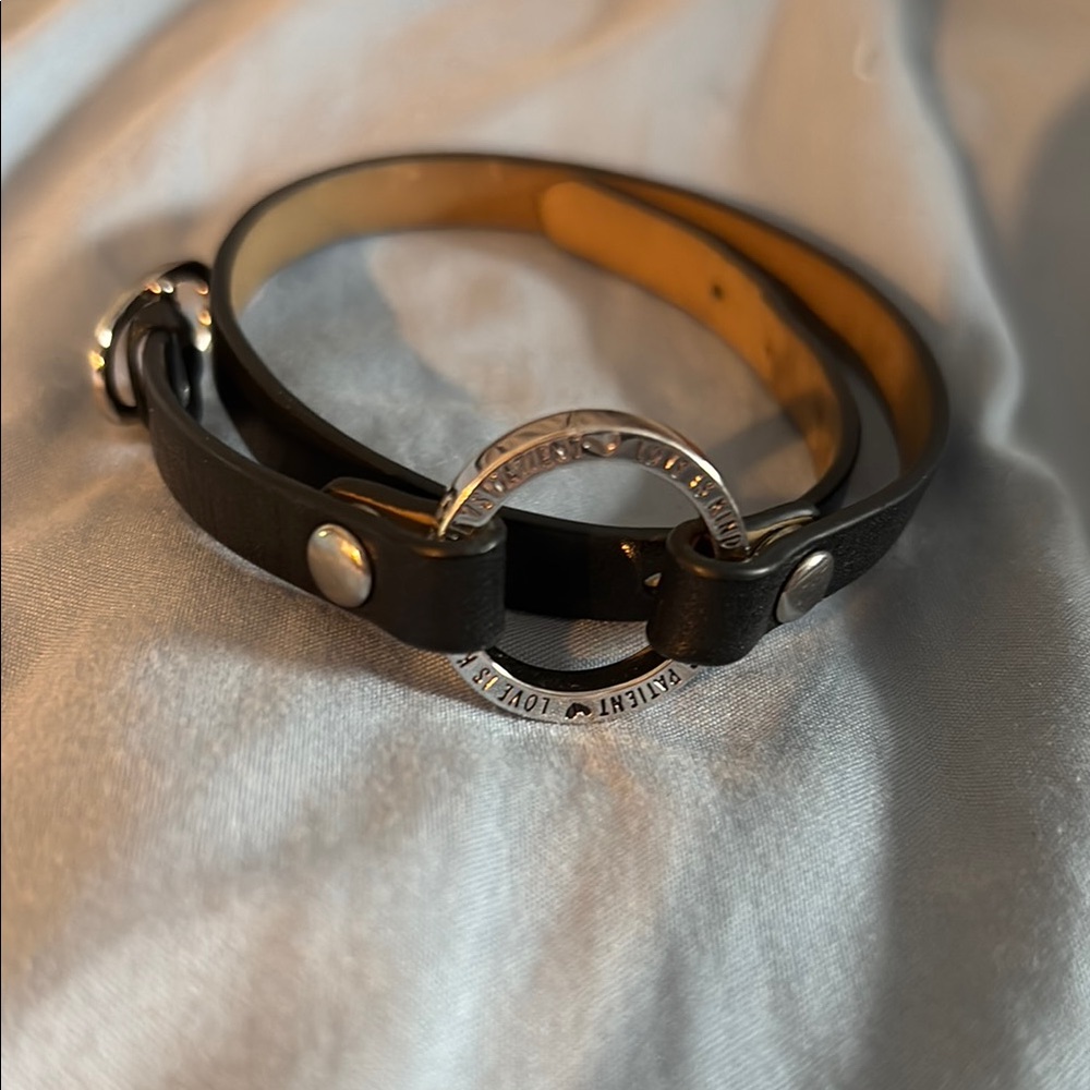 Black and Silver wrap bracelet with Love is patient, love is blind accent.